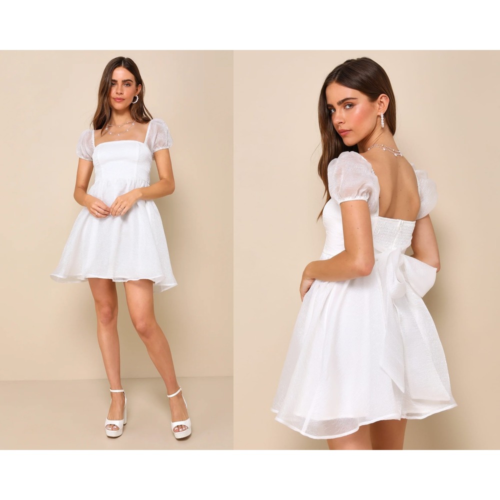 Lulus Sweetest Grace Shiny White Organza‎ Puff Sleeve Mini Dress Size Large